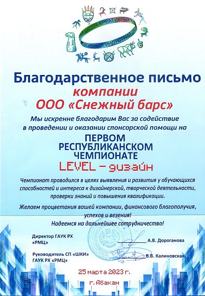 Благодарность за содействие и спонсорскую помощь на первом республиканском чемпионате Level - дизайн