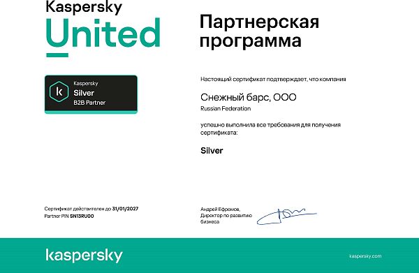 Сертификат партнёра Kaspersky